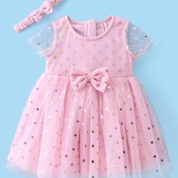 Babyhug Woven Half Sleeves Fit & Flared Party Frock with Headband & Foil Print Bow Applique - Pink-picture-1