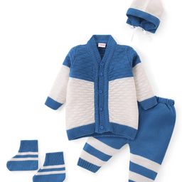 Babyhug Knitted Full Sleeves Front Open Striped Sweater Set with Cap & Pair of Booties - Blue & White-59