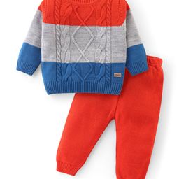 Babyhug Knitted Full Sleeves Sweater Set with Cable Knit Design - Red-image-73