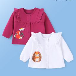 Babyoye 100% Cotton Knit Solid Dyed Full Sleeves Jhablas with Frill DetailingFox & Floral Print Pack of 2 - White &Pink-image-34