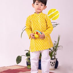 Vastramay Cotton Full Sleeves Leheriya Printed Kurta And Pyjama Set - Yellow-picture-16