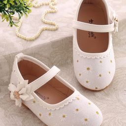 Cute Walk By Babyhug Ballerinas With Velcro Closure & Floral Applique - White-picture-38
