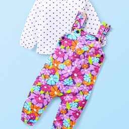 Babyhug Cotton Knit Full Sleeves Polka Doted Top with Floral Printed Dungaree - White & Purple-image-16