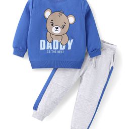 Babyhug Terry Knit Full Sleeves T-Shirt & Lounge Pant Set with Text & Bear Print - Royal Blue & Grey-image-53