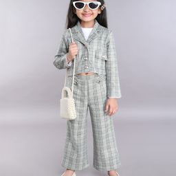 Taffykids Full Sleeves Foil Checked Crop Jacket With Coordinating Pant & Turtle Neck Crop Top - Green & White-image-14