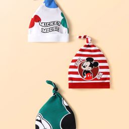 Babyhug Disney Interlock Knit Knot Caps With Mickey Mouse Graphics Pack of 3 - Red White & Green-image-22
