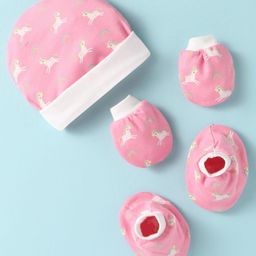 Ben Benny Interlock Knit Cap Mittens & Booties Set with Unicorn Print Pink - Diameter 10.5 cm-1