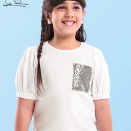 Arias Lurex Knit Half Baloon Sleeves Top with Sequins Detailing Pocket - White-image-13