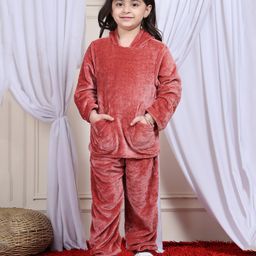 NEUDIS Fleece Full Sleeves Solid Hoodie & Joggers Set - Rust Orange-picture-7