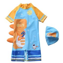 The Mom Store Half Sleeves Space Theme Printed Swimsuit With Swimming Cap Set - Blue & Orange-image-47