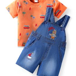 ToffyHouse Interlock Knit Half Sleeves T-Shirt & Dungaree with Nautical Print & Embroidery - Navy Blue & Orange-image-95