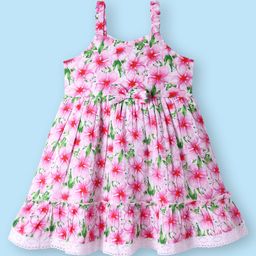 Babyhug Cotton Knit Sleeveless Frock with Floral Print & Bow Applique - Pink & Green-image-40