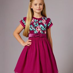 Cherry Crumble By Nitt Hyman Half Puffed Sleeves Bow Applique Detailed Floral Shaped Sequins Embellished Dress - Magenta-image-25