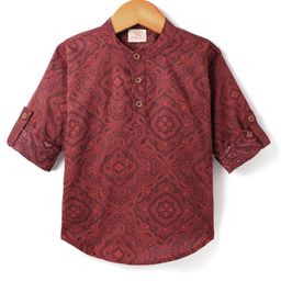 Rikidoos Full Sleeves Paisley Printed Kurta Style Shirt - Dark Maroon-image-19