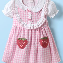 Babyhug Cotton Knit Half Puffed Sleeves Peter Pan Collared Frock with Strawberry Patch Detailing - Pink-image-95