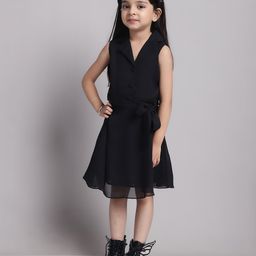Mini & Ming Georgette Sleeveless Solid Dress - Black-image-53