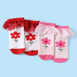 Babyoye Cotton Bamboo Knit Socks With Floral Design Lace Pack Of 2 - Red & Pink-image-67