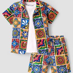 OLLINGTON ST. Woven Cotton Knit Slub Printed Co-Ord Half Sleeves Shrug & Shorts with Inner Rib Top - Blue & Green-image-69