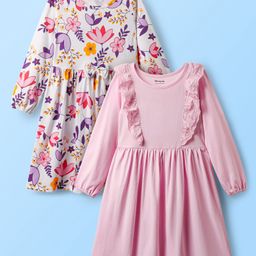 Honeyhap 100% Premium Cotton Full Sleeves Frock with Floral Print & Frill Detailing Pack of 2 - Pink & White-image-88