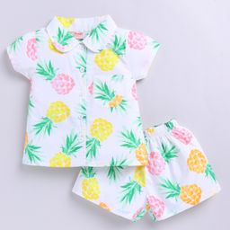 Snuggly MONKEY Poplin Half Sleeves Pineapple Printed Coordinating Shirt & Shorts Set - White-image-7