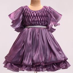 Rassha Half Flutter Sleeves Chevron Designed & Diamond Lace Embellished Knee Length Balloon Dress - Purple-image-3