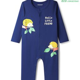 Babyoye 100% Cotton Knit Full Sleeves Front Open Romper with Hedgehog Print - Navy Blue-image-1