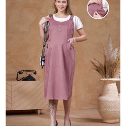 Lovely Mom's Oxford Woven Half Sleeves Cut & Sew Maternity Dress With Nursing Access - Pink-image-60