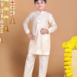 Pehanaava Jute Woven Full Sleeves Solid Pathani Style Kurta Pyjama Set - Beige-image-25