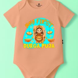 The Peppy Tend 100% Cotton Knit Durga Puja Theme Half Sleeves My First Durga Puja Text Printed Onesie - Peach-picture-14