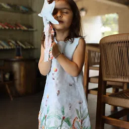 Funny Bones Clothings Girls Printed Linen Natures Flight Print Dress-10