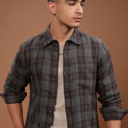 HIGHLANDER Men Slim Fit Spread Collar Tartan Checked Cotton Casual Shirt-picture-42