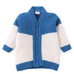 Babyhug Knitted Full Sleeves Front Open Striped Sweater Set with Cap & Pair of Booties - Blue & White image 4