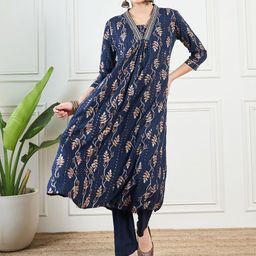 KALINI Floral Printed Thread Work A-Line Kurta With Palazzos & Dupatta-1