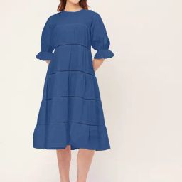 Moomaya Blue Cotton Relaxed Fit Midi Dress-image-42