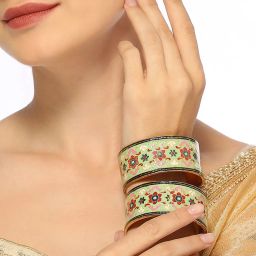 OOMPH Mint Green Ethnic Kada-Meenakari Floral Design Bangle Set Pack of 2 image 5