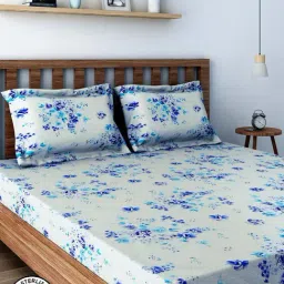Swayam Floral White & Blue 200 TC Cotton Single Bedsheet with 2 Pillow Covers-image-37