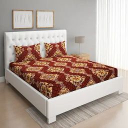 Romee Ethnic Maroon & Yellow 144 TC Cotton Queen Sized Bed Sheet with 2 Pillow Covers-image-10