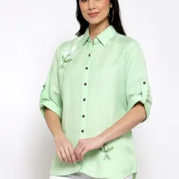 DART STUDIO Green Linen Embroidered Shirt-34