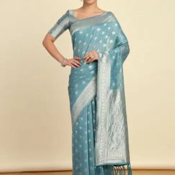 Soch Womens Turquoise Blue Woven Design Jacquard Weave Tussar Saree With Tassels-image-14