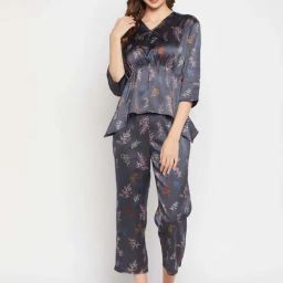 Clovia Grey Floral Print Top & Pyjama Set-image-15