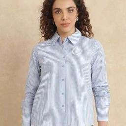 RAREISM Blue Cotton Striped Long Sleeves Shirt-image-6