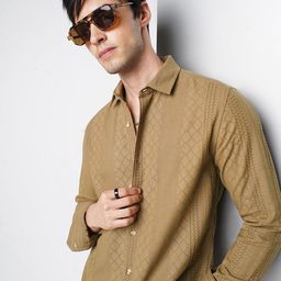 VASTRADO Men Slim Fit Textured Spread Collar Cotton Casual Shirt-image-33