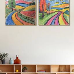 Nestroots Colorful Crayon Hand Drawn Gold Frame Landscape Canvas Wall Painting - Set of 4-36