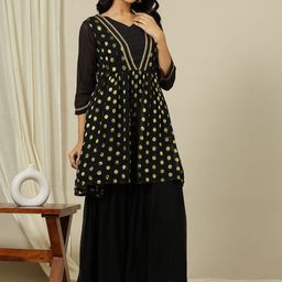 Inddus Polka Dot Embroidered V-Neck Pleated Georgette A-Line Kurta With Sharara-image-73