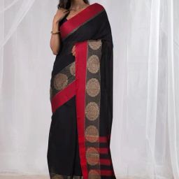Unnati Silks Black & Red Cotton Woven Saree With Unstitched Blouse-image-70
