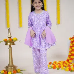 Kiddopanti Girls Lilac & White Printed Kurta, Sharara with Dupatta-image-100