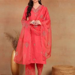 Vaamsi Pink Embellished Kurta Palazzo Set With Dupatta-image-1