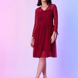 Globus Maroon Fit & Flare Dress-image-14