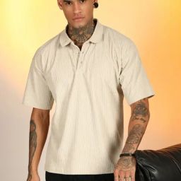 Campus Sutra Beige Regular Fit Striped Polo T-Shirt-image-99
