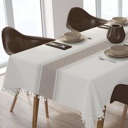 HOME COLORS.IN Off White Striped Cotton 8-Seater Table Cover-36